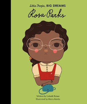 a young Rosa Parks wearing a red pinafore dress and glasses