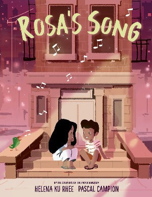 two young children are sitting on the front steps of an apartment building as music notes surround them