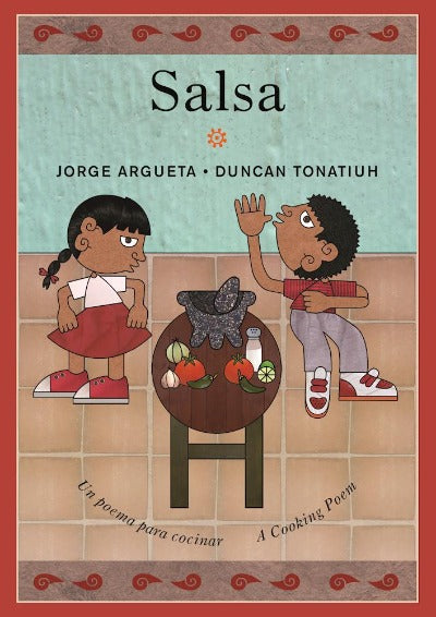 Book cover : Stylized drawing of Two children dancing one either side of a table with salsa ingredients