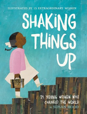 A young African American girl walking up a flight of collaged steps