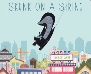 in beautiful paper collages a skunk is floating above a town carries by a string