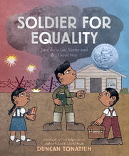 a soldier  in the middle of the page dressed in his khakis is talking with two young school children with their books and lunch box. In the background we see barbed wire fencing and explosions of war