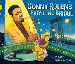 an African American man wearing a brown sweater and tan jacket is playing a saxophone against the background of a bridge and train