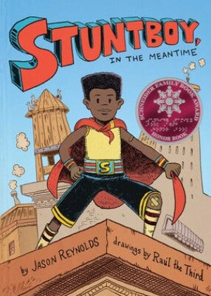 a boy with brown skin and black hair wearing a cape and a belt with the letter @ is standing in a lunge on the top of a building