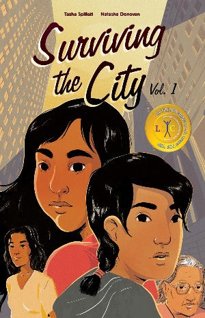 two young adults one with long dark hair and another with shorter hair are facing forward as they are surrounded by skyscrapers in a city