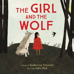 a young girl in a red dress is standing next to a wolf who is seated beside her. They are surrounded by trees.