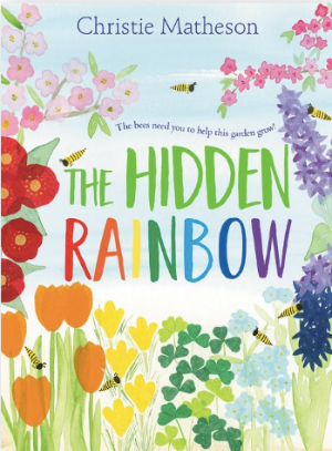 a selection of different flowers and plans that show the colors of the rainbow, with 3 bees moving between them