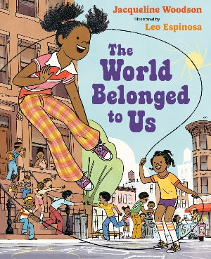 a young african american girl wearing orange plaid pants and a white and pink striped shirt is jumping high during double-dutch in a city neighborhood