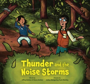 a young boy and his grandfather both with long dark hair are standing in a forest with trees that are blowing down during a storm
