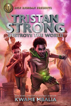 "Tristan Strong Destroys the World" is written in bold, stone-like letters across the front cover. Below, the drawing of two Black children emerges: they are running towards the audience. The young boy wears a vest and a green shirt that seems to glow. The girl wears her hair up in a ponytail and is running slightly behind him. In the distance, the reader can see two large and imposing stone statues with glowing eyes.