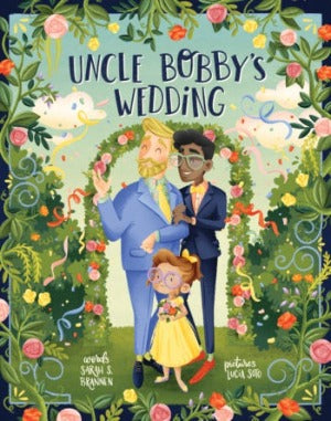 a picture of a blond white man and a dark skinned man with glasses and a little girl in a yellow dress surrounded by flowers