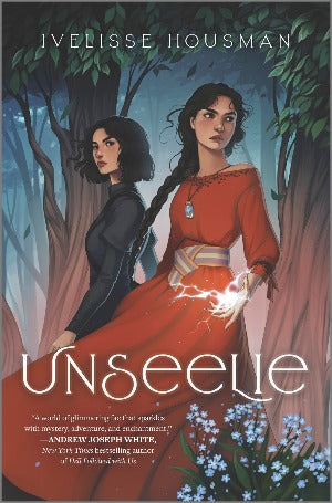 twin sisters one wearing dark colors and the other in a red dress are in a woods. The one with the red dress has a bright light of magic coming from her hand.