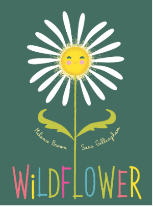 a green background highlights a flower with a yellow center on which there is a face and whie petals